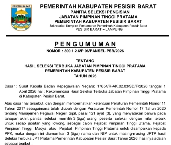 Hari Ini Sembilan Pejabat Pimpinan Tinggi Pratama Pemkab Pesibar Dilantik